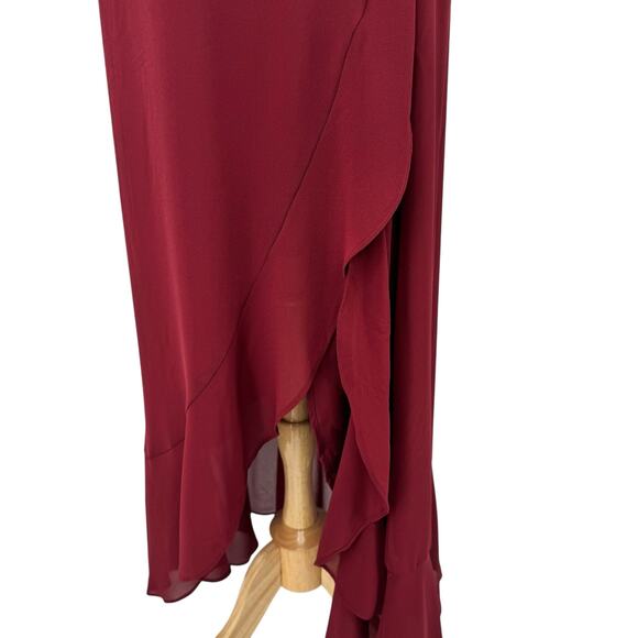 NWT Lulus Ada Lace-Up Maxi Dress Size L Burgundy Babydoll Asymmetric Ruffle Hem - Picture 8 of 16